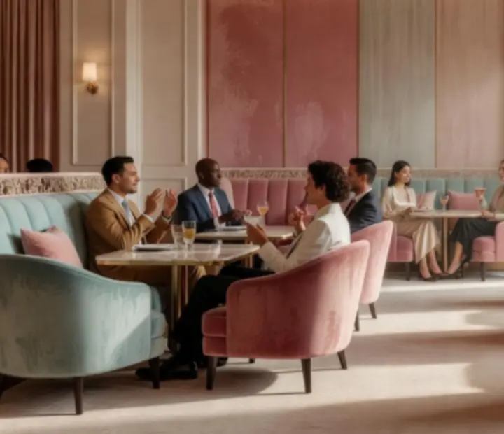 Salle de restaurant pastel avec décoration élégante et lumière douce.