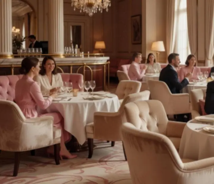 Salle du restaurant BelCantoir, au d&eacute;cor pastel &eacute;l&eacute;gant et chaleureux