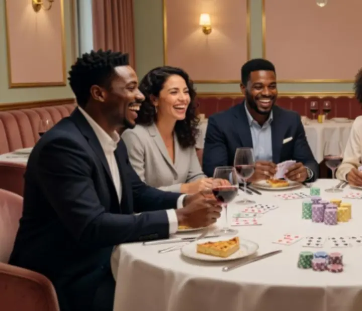 Groupe d'amis autour d'une table de poker dans un restaurant chaleureux.