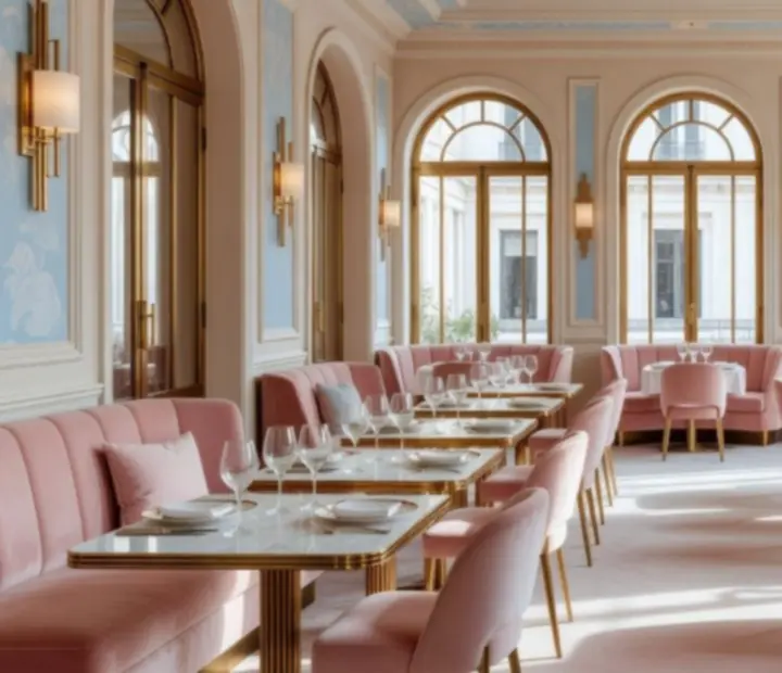 Salle de restaurant lumineuse BelCantoir aux tonalités pastel