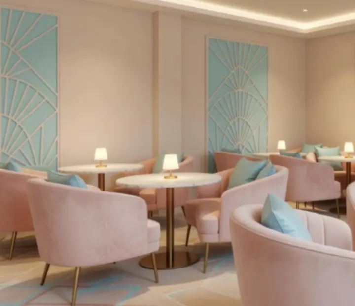 Salon privatif aux tons pastel avec une ambiance élégante inspirée des salons casino classiques